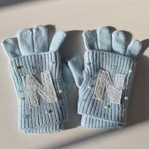Justice Light Blue Knit Mittens with Pearls